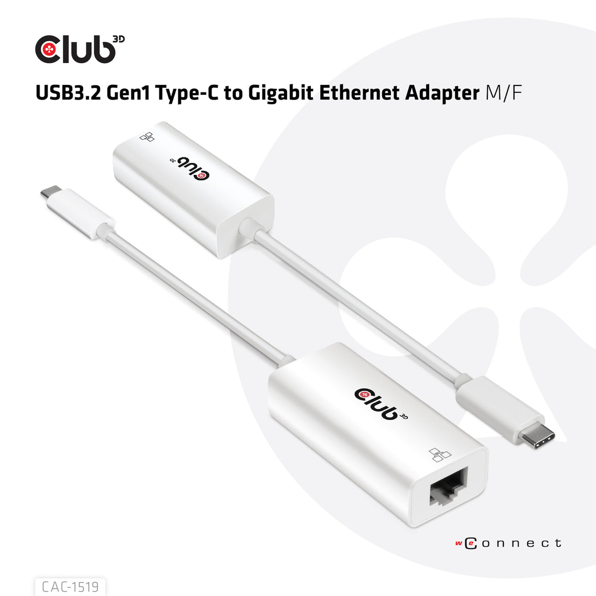 CLUB3D CAC-1519 kabelomvandlare (hane/hona) USB-C RJ-45 Vit