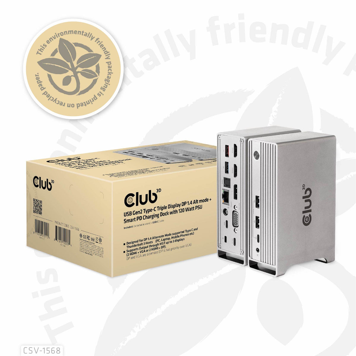 CLUB3D CSV-1568 dockningsstationer för bärbara datorer Dockning USB 3.2 Gen 2 (3.1 Gen 2) Type-C Metallisk