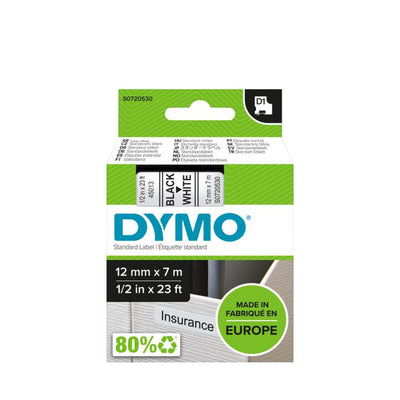 DYMO D1 - Standardpolyesteretiketter - Svart på vitt - 12mm x 7m