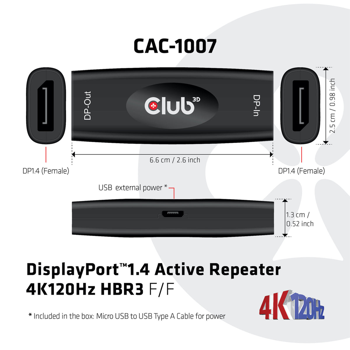 CLUB3D DP 1.4 4K120HZ HDR ACTIVE REPEATER F/F displayport Svart