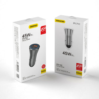 DUDAO Car Charger 45W PD+ QC5.0 1xUSB+1XType C Universal Silver Cigarr tändare Snabb laddning Automatisk