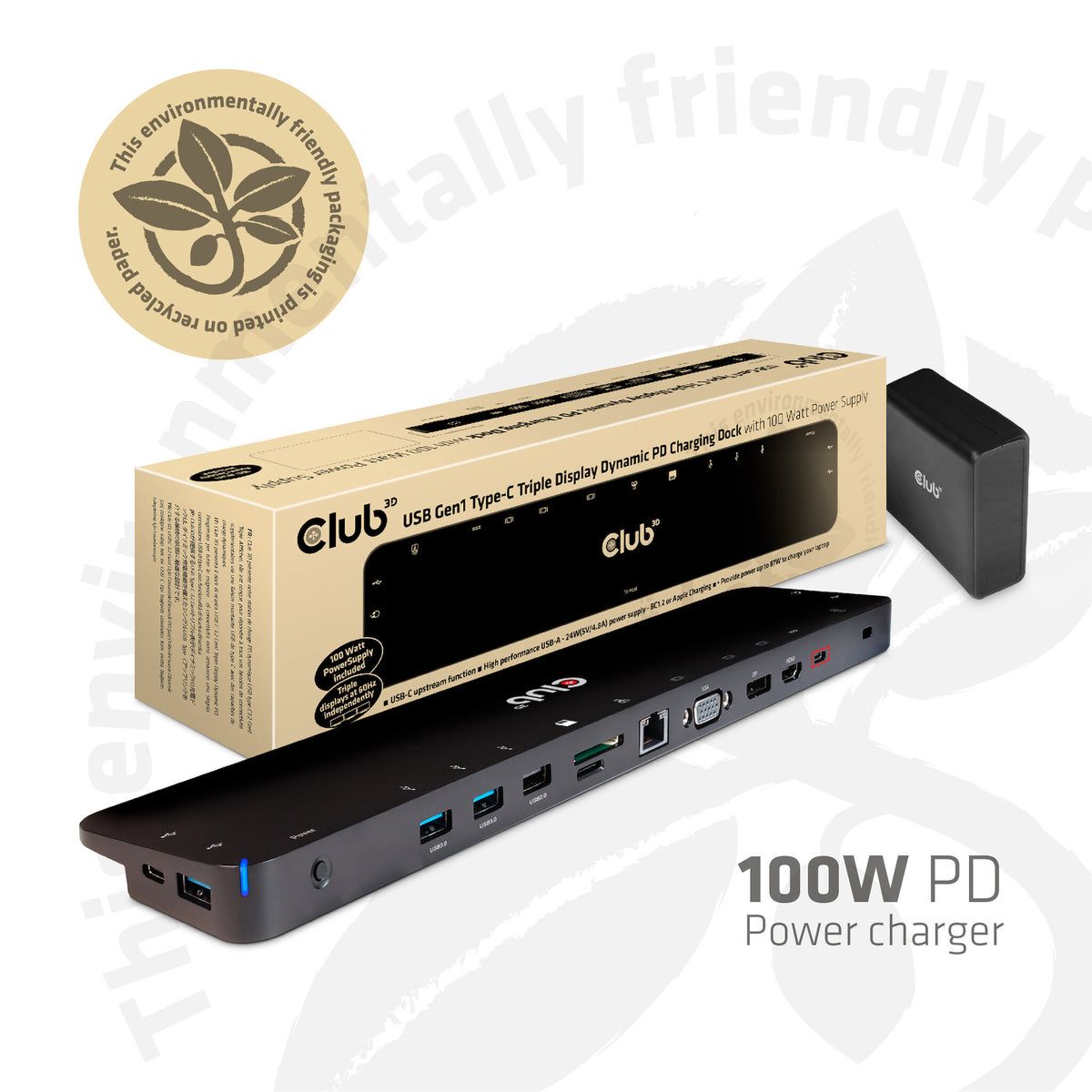 CLUB3D CSV-1564W100 dockningsstationer för bärbara datorer Dockning USB 3.2 Gen 1 (3.1 Gen 1) Type-C Svart