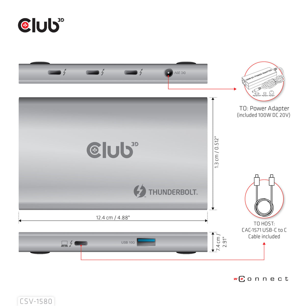 CLUB3D CSV-1580 dockningsstationer för bärbara datorer Dockning Thunderbolt 4 Silver