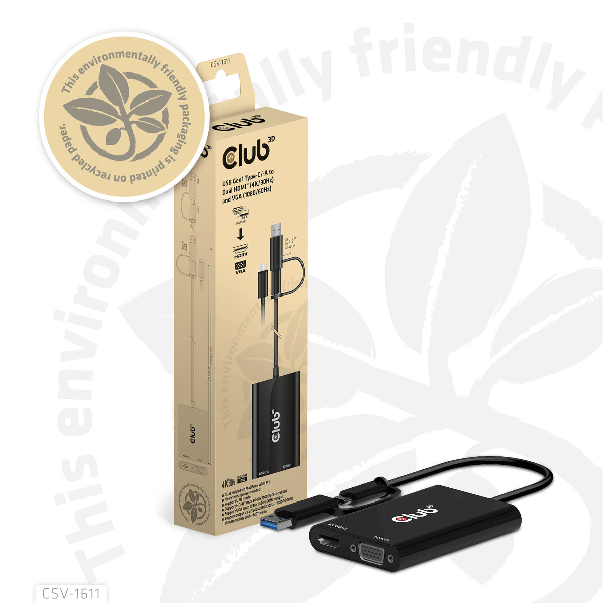 CLUB3D CSV-1611 USB-grafikadapter 3840 x 2160 pixlar Svart