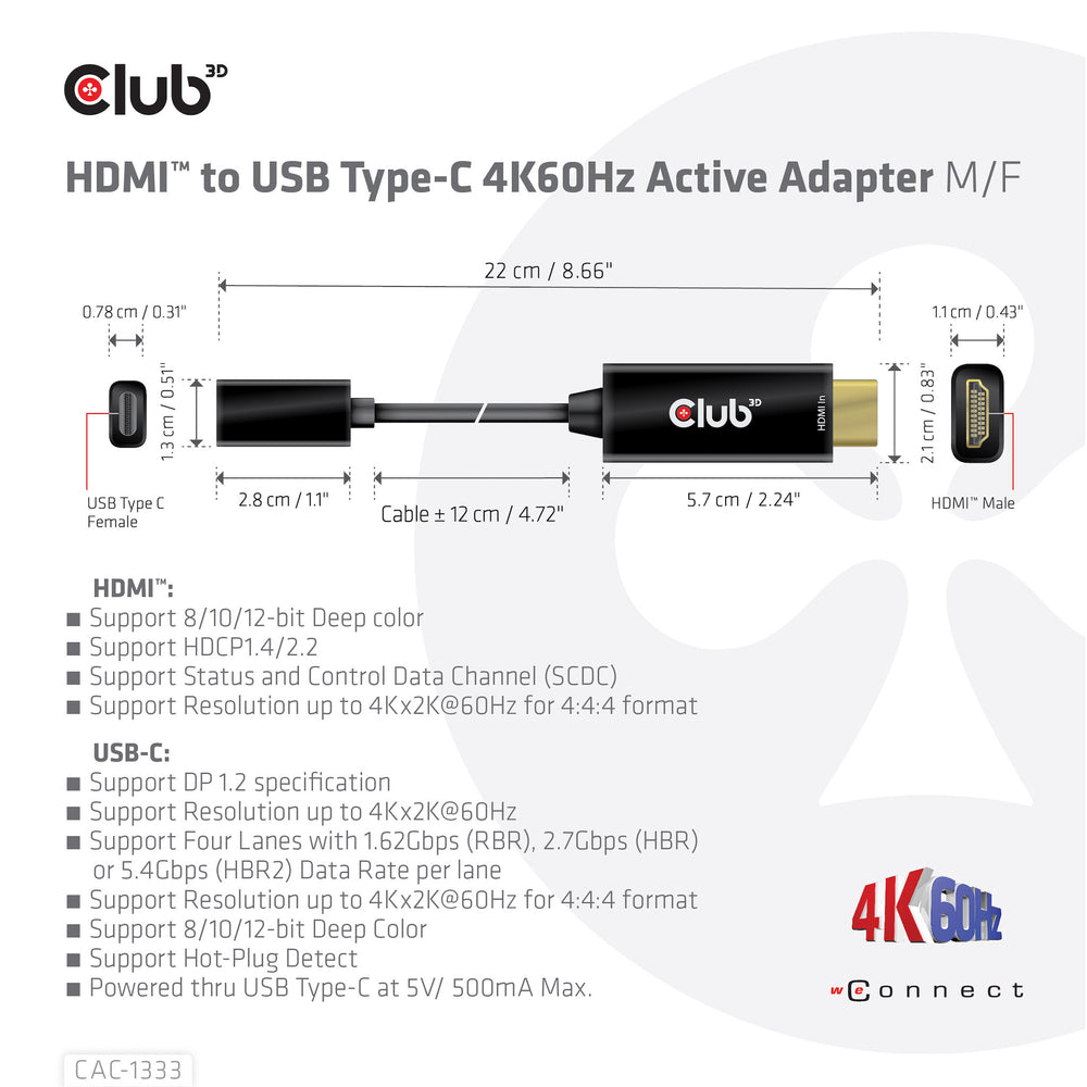 CLUB3D CAC-1333 videokabeladapter 0,22 m HDMI Typ A (standard) USB Type-C Svart