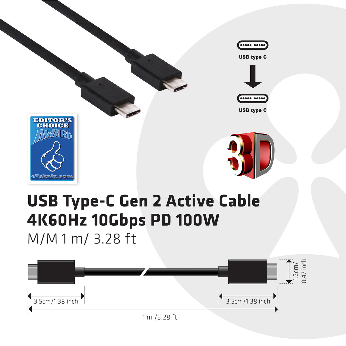 CLUB3D USB Type-C Cable M/M 0.8Meter Active PD ~100Watt 4K60Hz