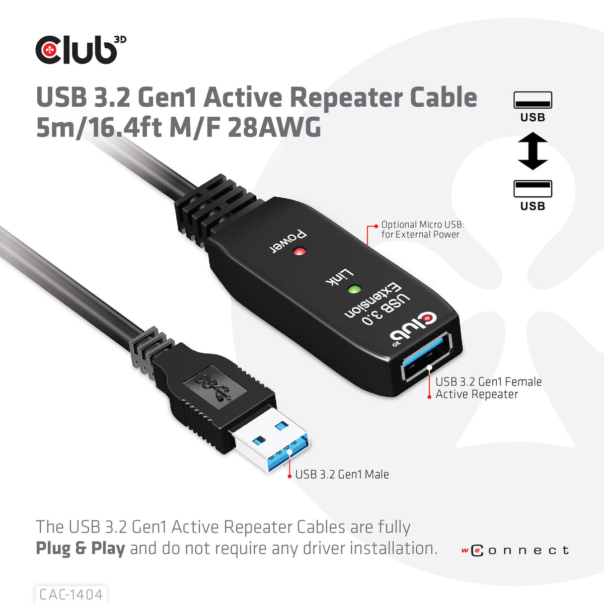 CLUB3D CAC-1404 USB-kablar 5 m USB 3.2 Gen 1 (3.1 Gen 1) USB A Svart