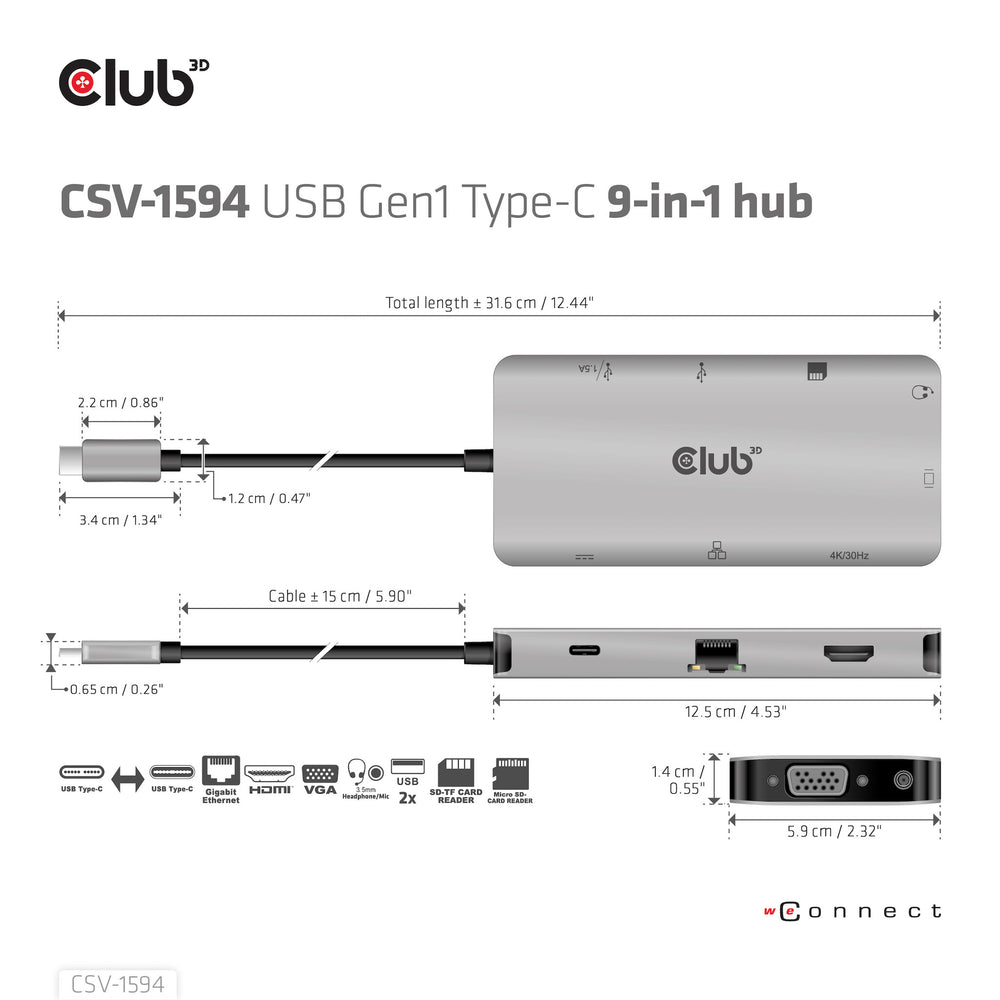 CLUB3D CSV-1594 dockningsstationer för bärbara datorer USB 3.2 Gen 1 (3.1 Gen 1) Type-C Svart, Grå