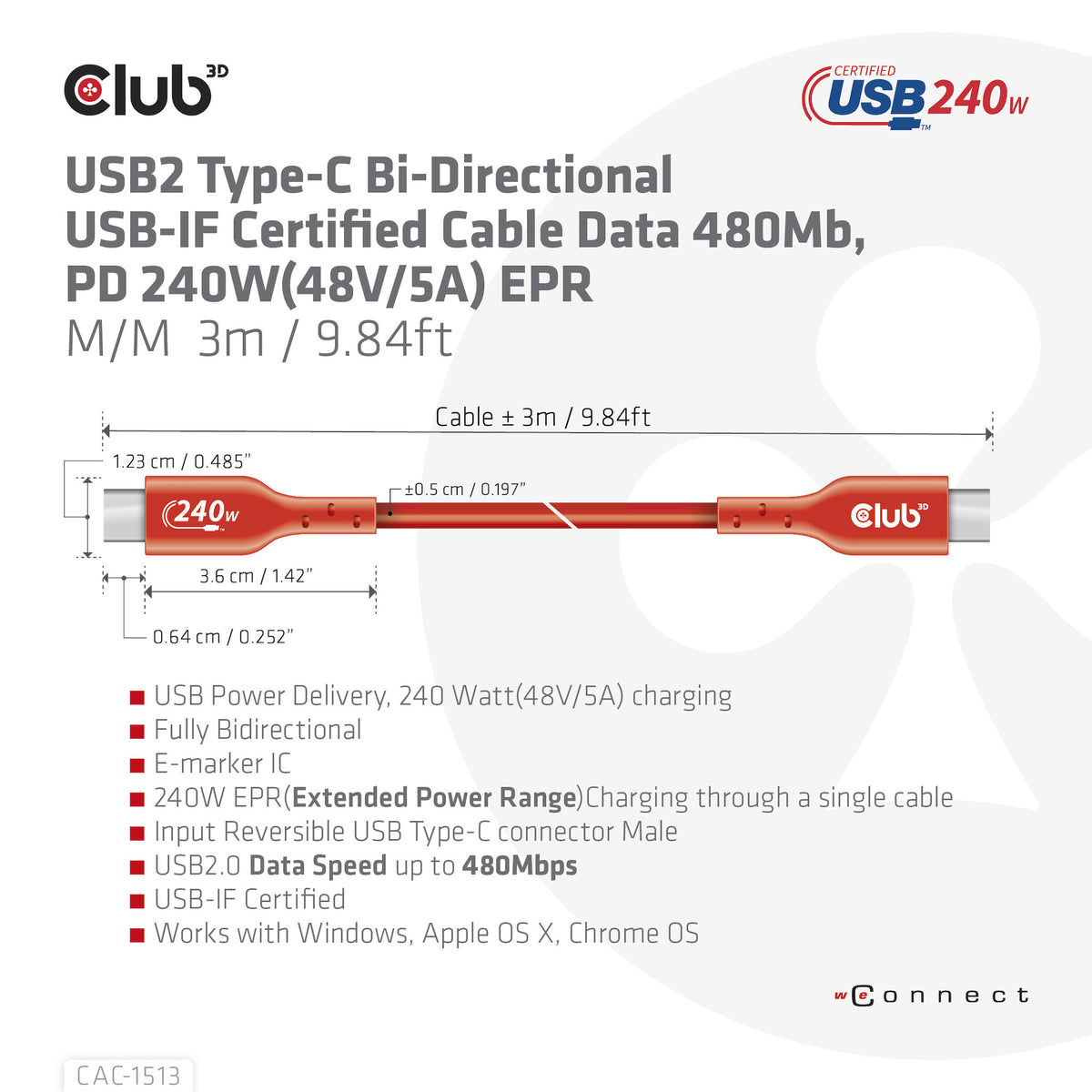 CLUB3D CAC-1513 USB-kablar 3 m USB 2.0 USB C Orange