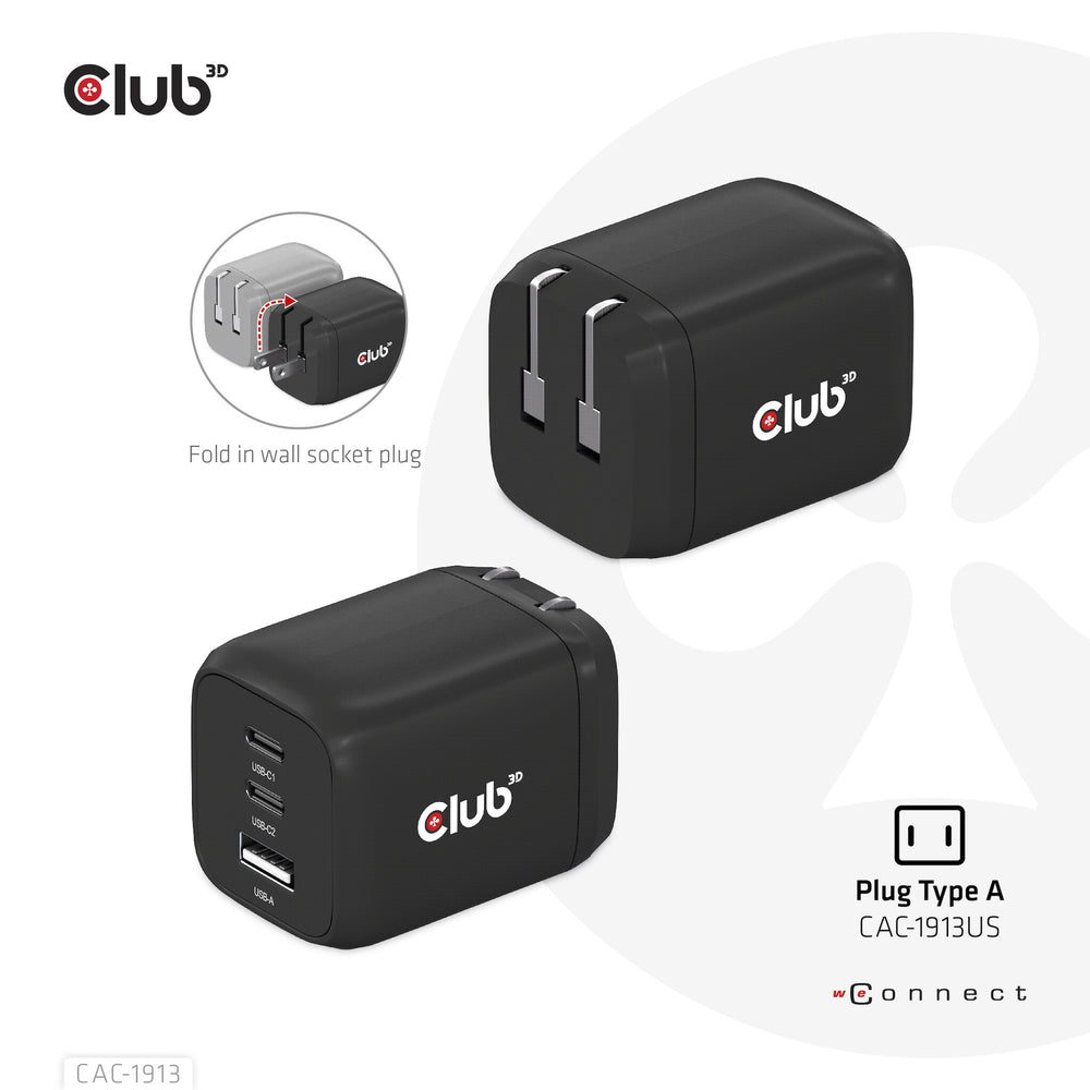 CLUB3D CAC-1913 mobilladdare Mobiltelefon, Bärbar dator, Smartphone, Universal Svart AC Snabb laddning inomhus