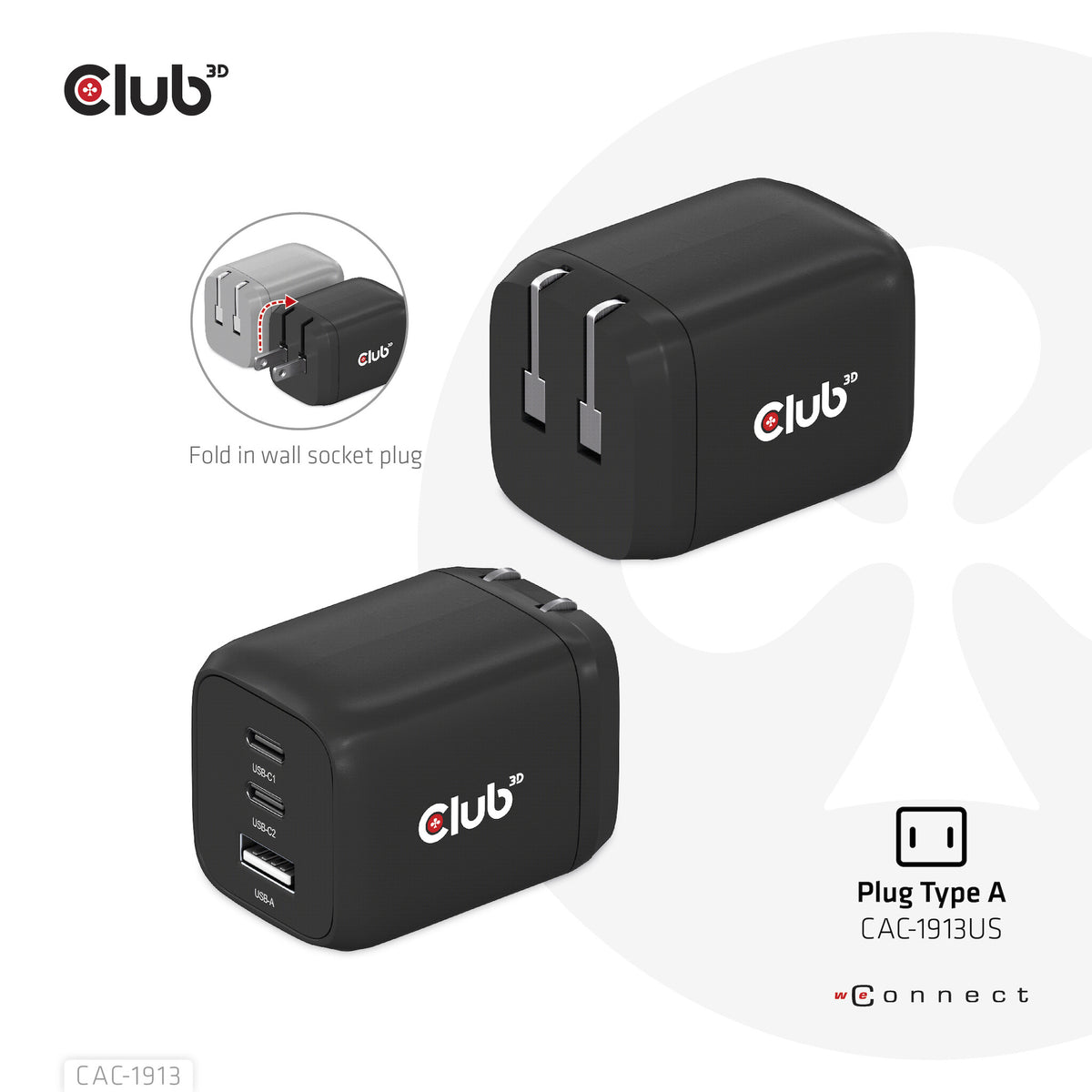 CLUB3D CAC-1913 mobilladdare Mobiltelefon, Bärbar dator, Smartphone, Universal Svart AC Snabb laddning inomhus