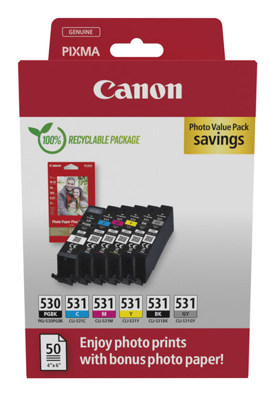Canon PGI-530/CLI-531 PVP bläckpatroner 6 styck Original Svart, Cyan, Grå, Magenta, Fotosvart, Gul