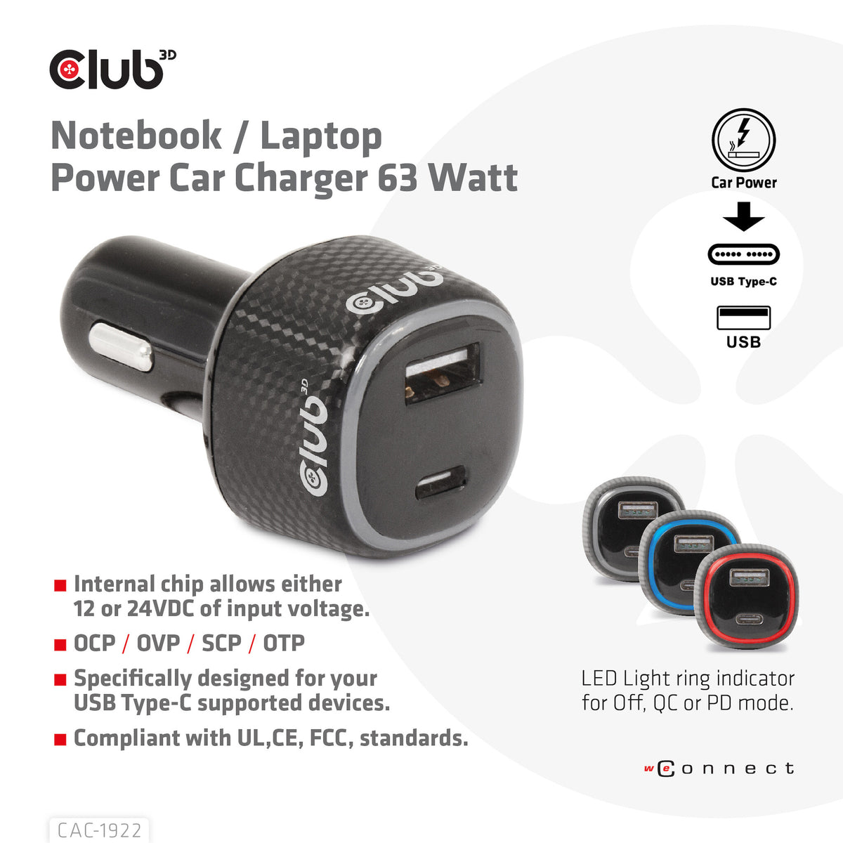 CLUB3D USB KFZ-Ladegerät 1xUSB C A 63W 12/24V retail