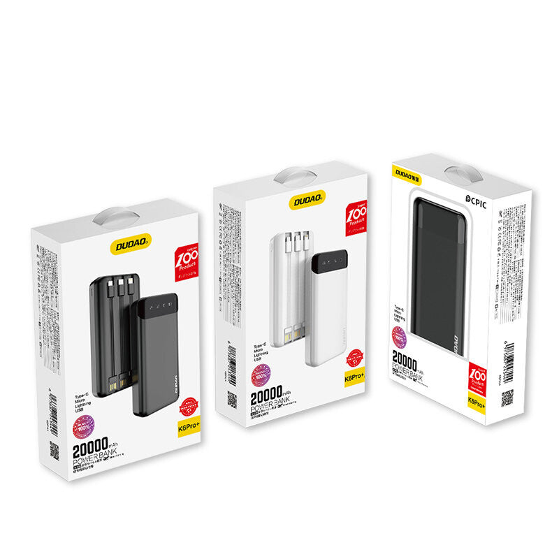DUDAO capacious powerbank with 3 built-in cables 20000mAh USB Type C + micro USB + Lightning black ( K6Pro+) Litium Polymer (LiPo) Svart