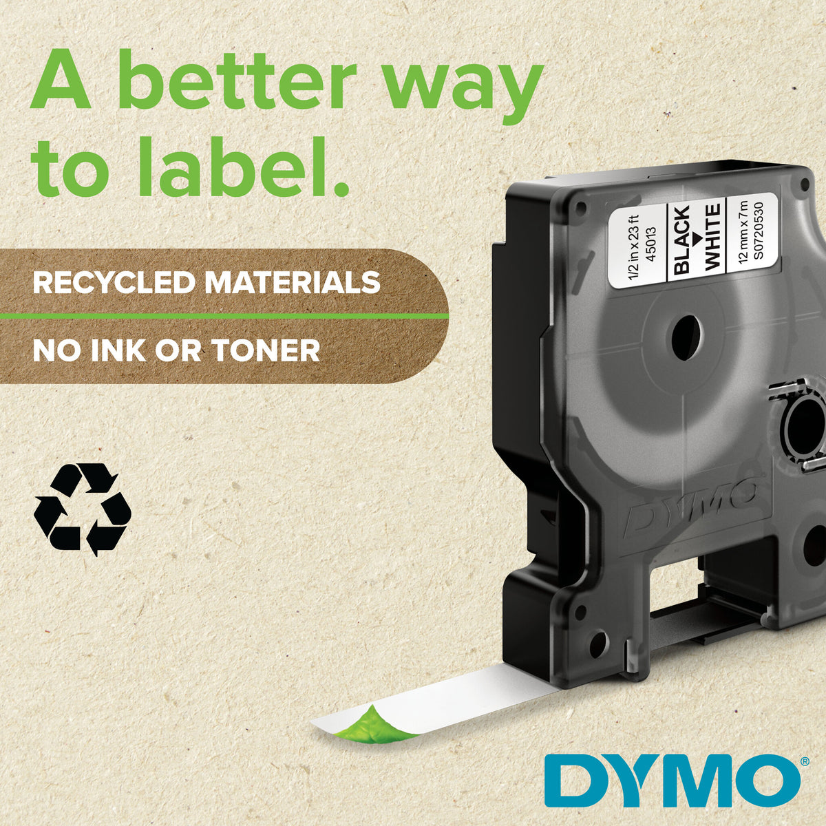 DYMO D1 - Standardpolyesteretiketter - Svart på vitt - 12mm x 7m