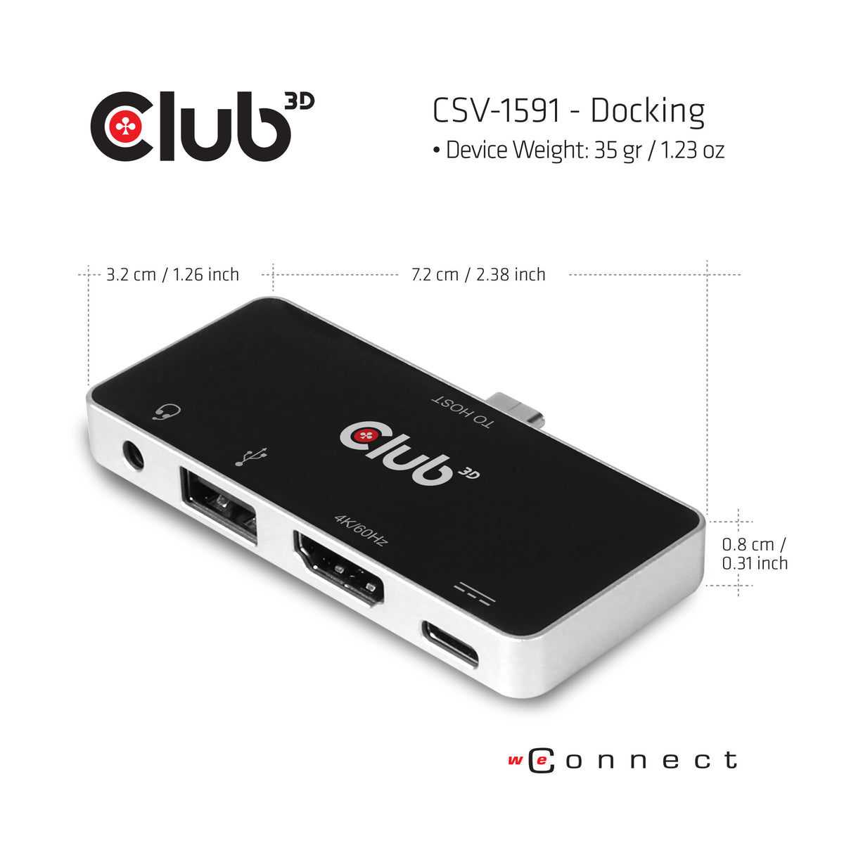 CLUB3D CSV-1591 dockningsstationer för bärbara datorer Dockning USB 3.2 Gen 1 (3.1 Gen 1) Type-C Svart, Krom