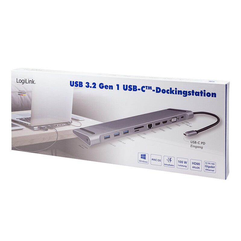 LogiLink UA0373 dockningsstationer för bärbara datorer Kabel USB 3.2 Gen 1 (3.1 Gen 1) Type-C Gjuten aluminium