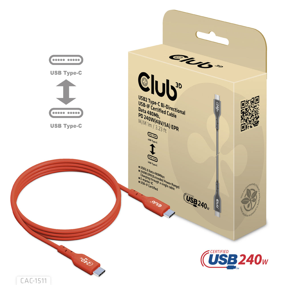 CLUB3D CAC-1515 USB-kablar 4 m USB 2.0 USB C Orange, Röd