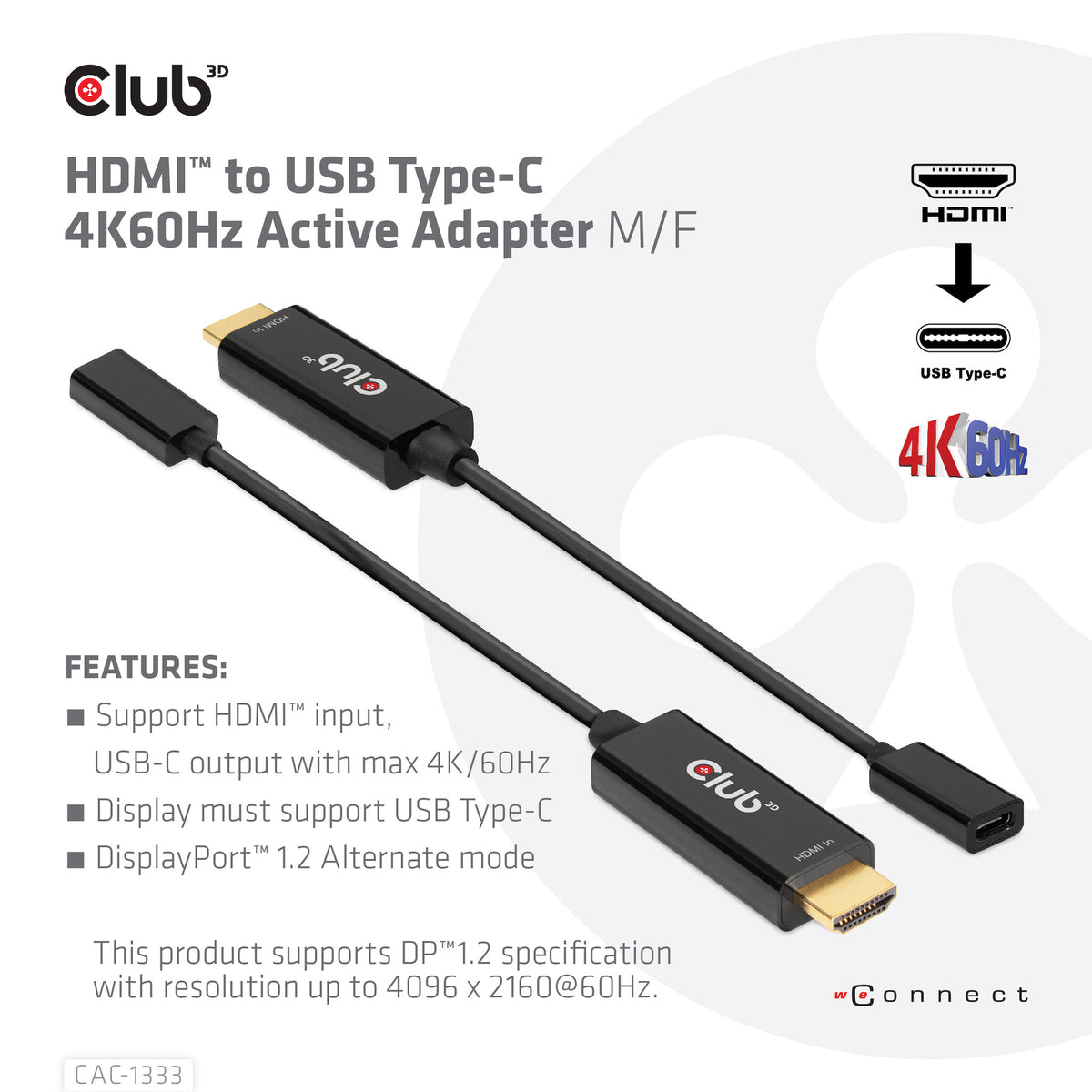 CLUB3D CAC-1333 videokabeladapter 0,22 m HDMI Typ A (standard) USB Type-C Svart