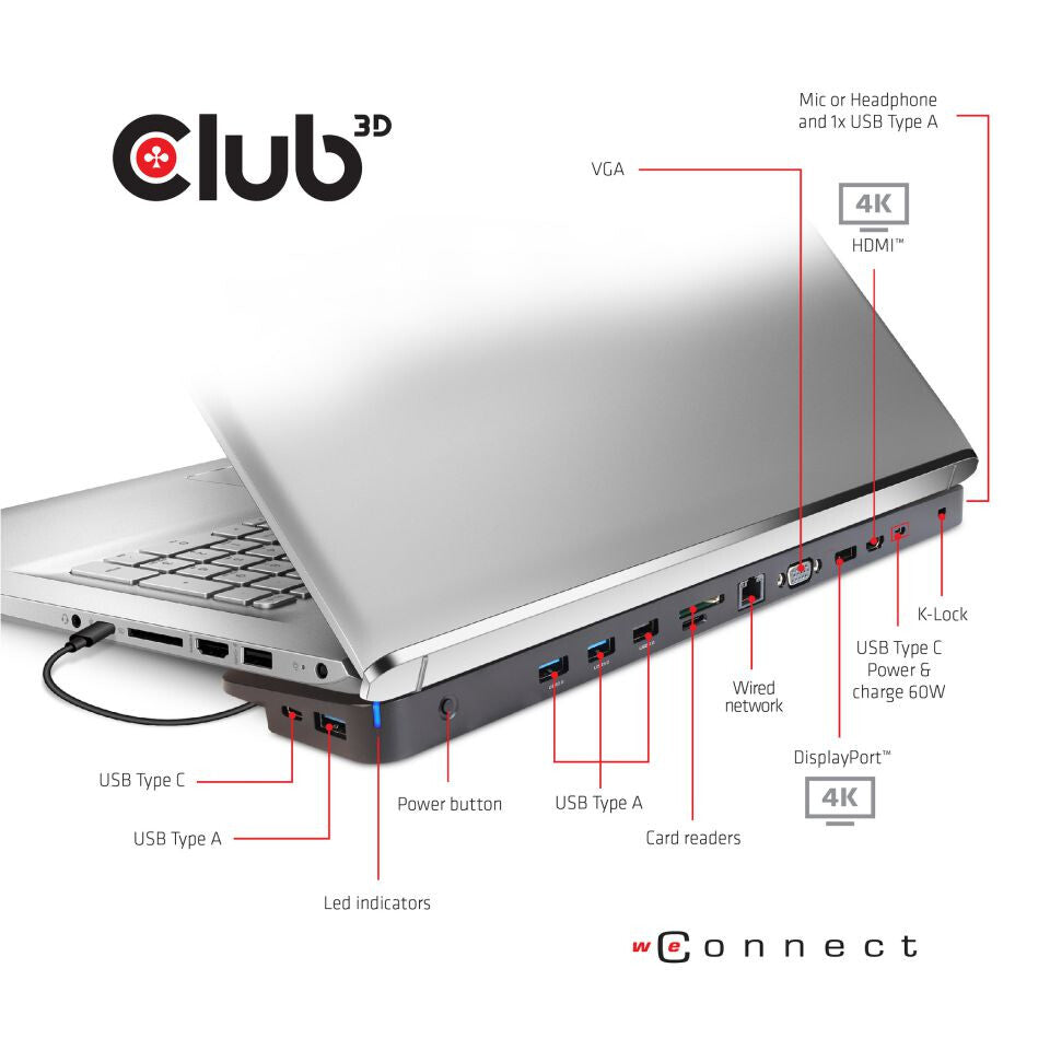 CLUB3D CSV-1564W65 dockningsstationer för bärbara datorer Dockning USB 3.2 Gen 1 (3.1 Gen 1) Type-C Svart