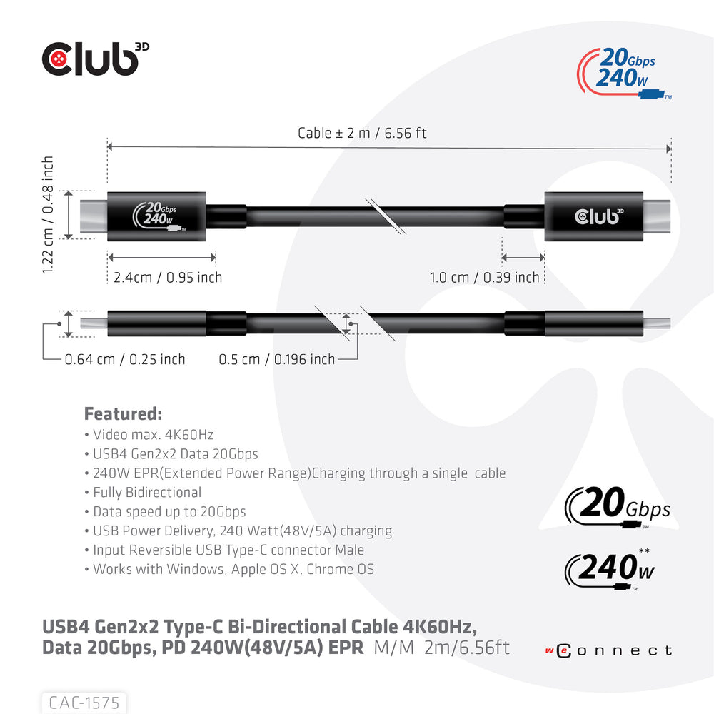 CLUB3D CAC-1575 USB-kablar USB4 Gen 2x2 2 m USB C Svart