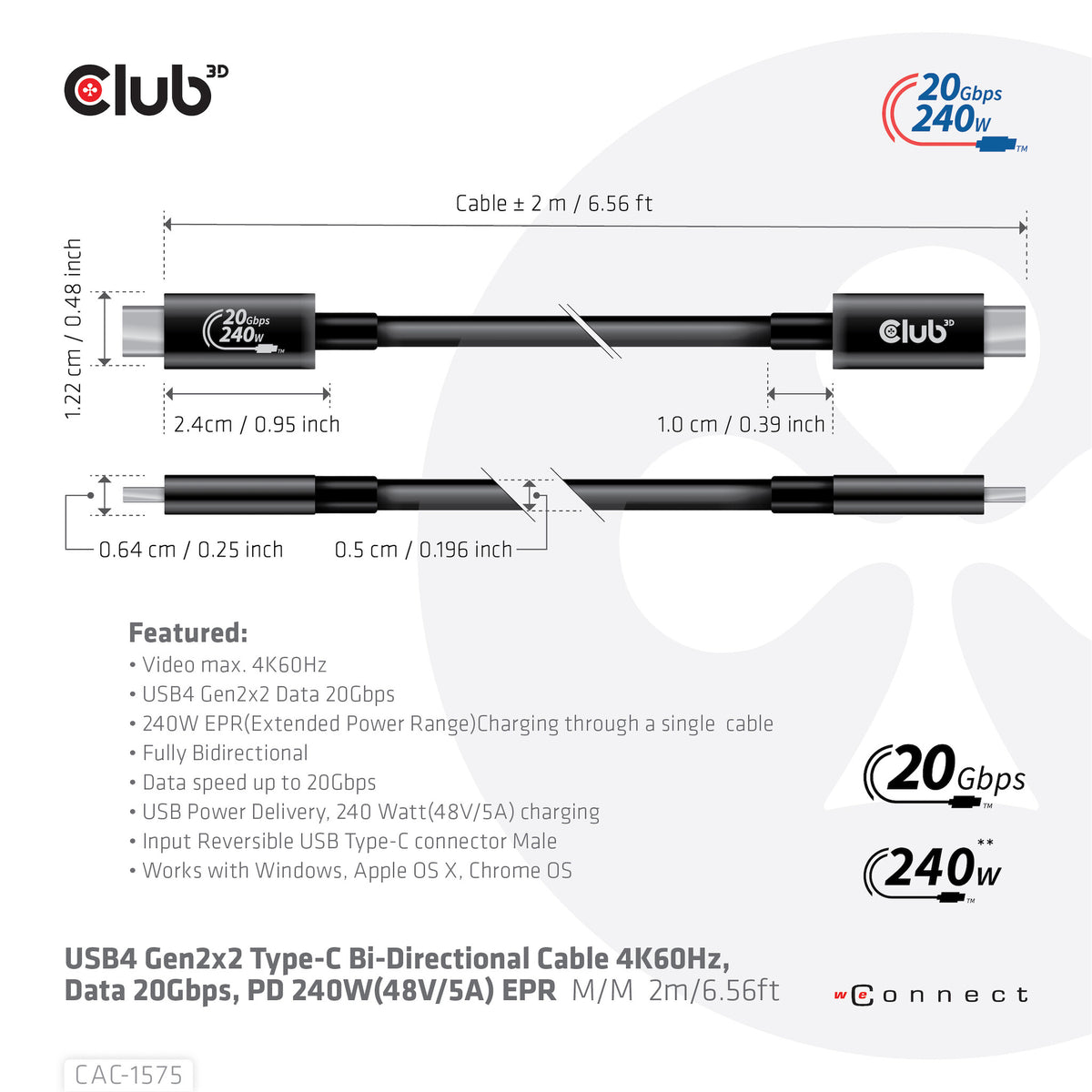 CLUB3D CAC-1575 USB-kablar USB4 Gen 2x2 2 m USB C Svart
