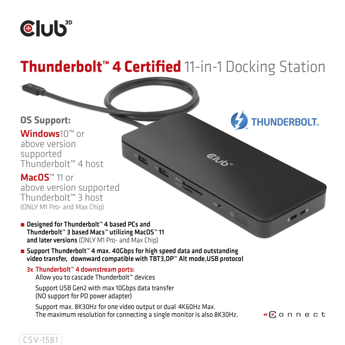 CLUB3D CSV-1581 dockningsstationer för bärbara datorer Dockning Thunderbolt 4 Svart