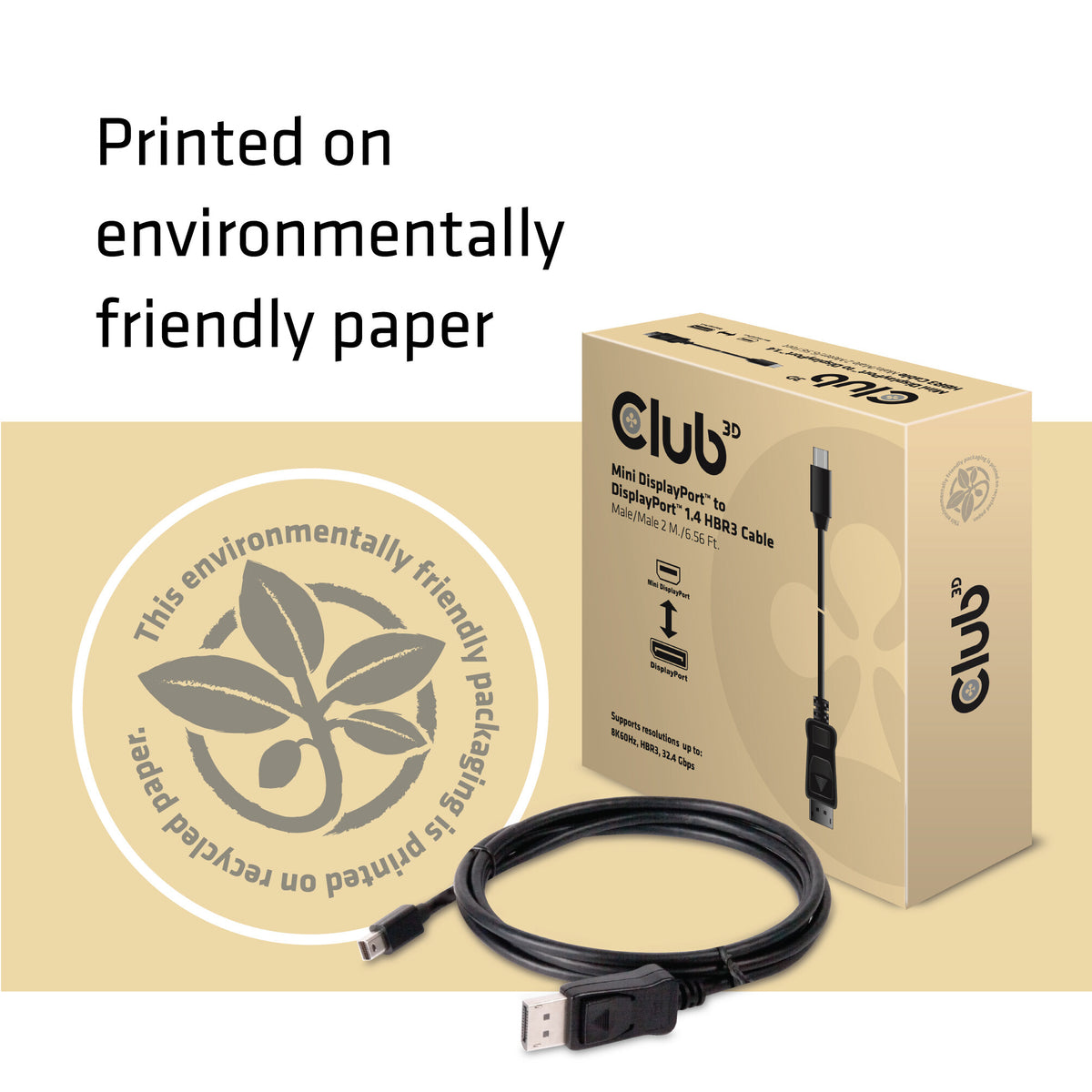 CLUB3D Mini DisplayPort to DisplayPort 1.4 HBR3 8K60Hz Cable, 2 Meter / 6.56 Feet