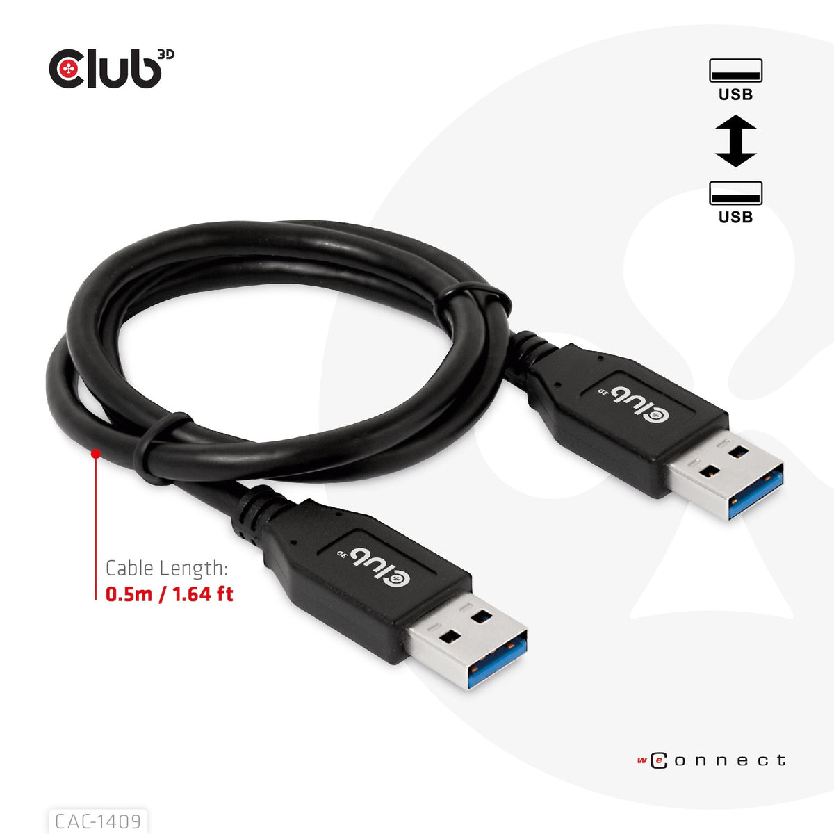 CLUB3D CAC-1409 USB-kablar USB 3.2 Gen 2 (3.1 Gen 2) 0,5 m USB A Svart