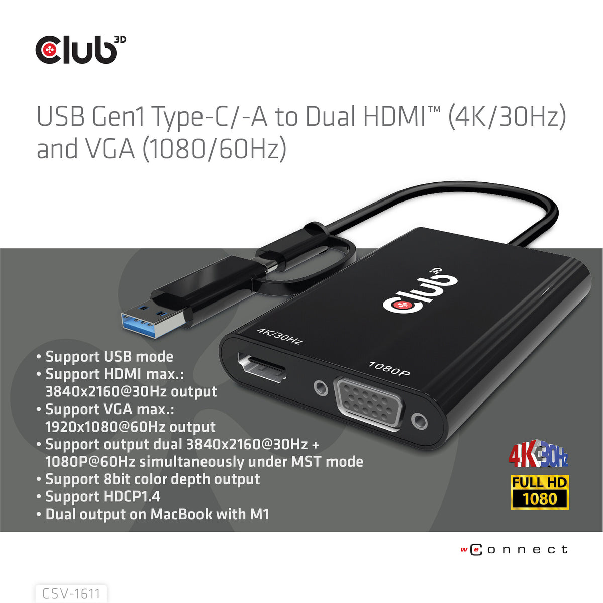 CLUB3D CSV-1611 USB-grafikadapter 3840 x 2160 pixlar Svart