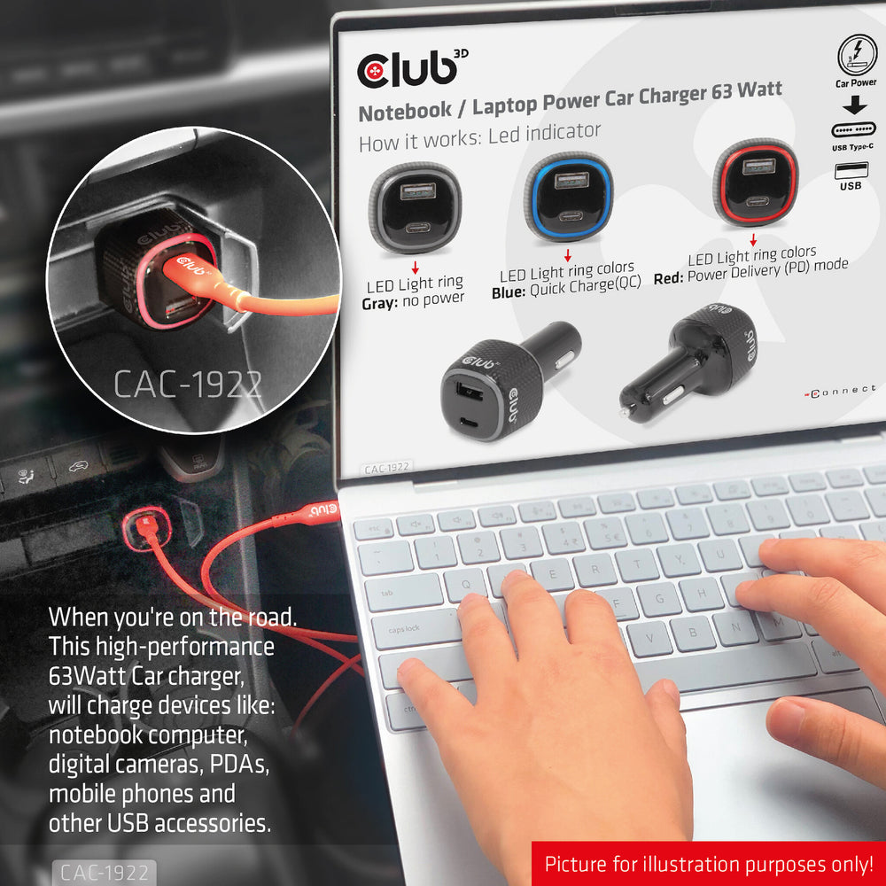 CLUB3D USB KFZ-Ladegerät 1xUSB C A 63W 12/24V retail
