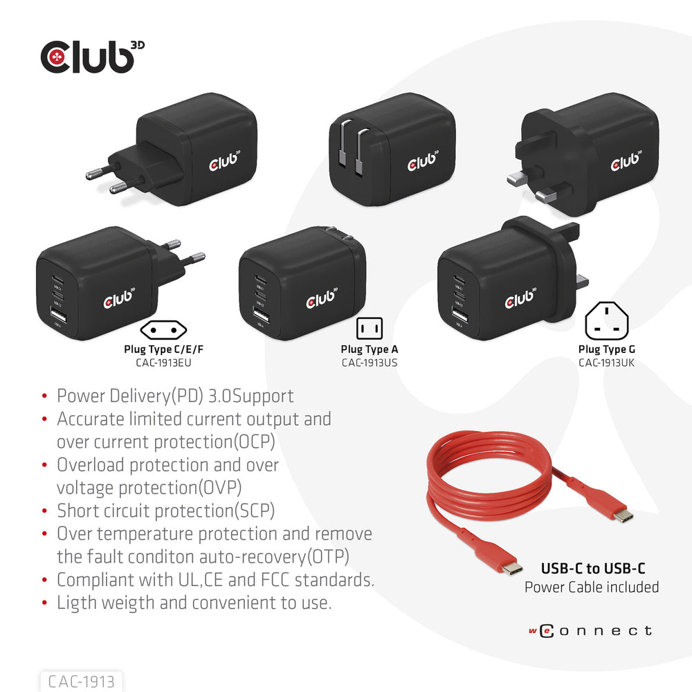 CLUB3D CAC-1913 mobilladdare Mobiltelefon, Bärbar dator, Smartphone, Universal Svart AC Snabb laddning inomhus