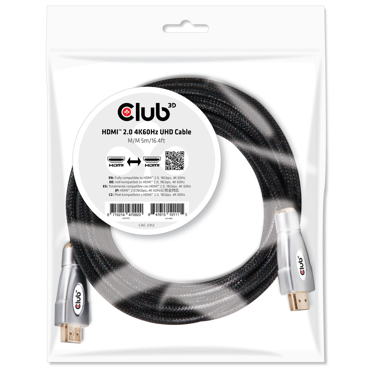 CLUB3D HDMI 2.0 4K60Hz UHD Cable 5m/16.4ft