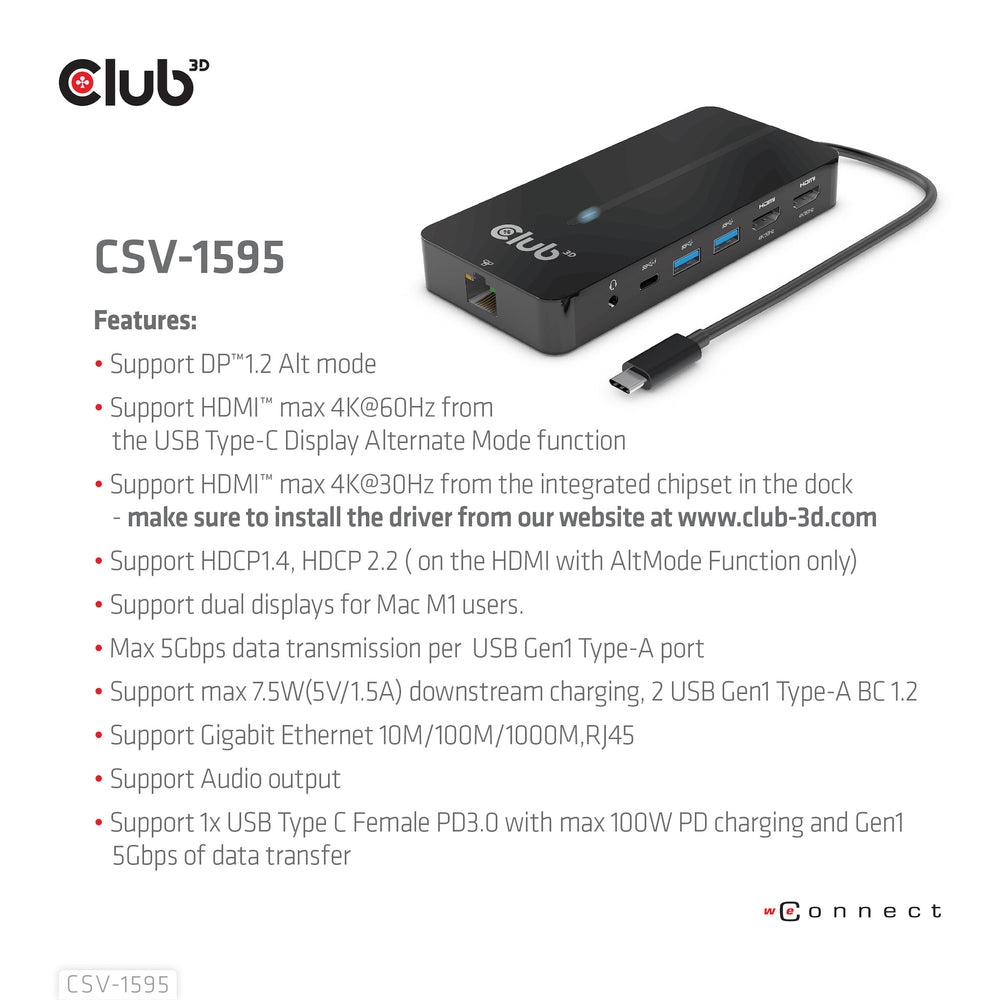 CLUB3D CSV-1595 dockningsstationer för bärbara datorer USB 3.2 Gen 1 (3.1 Gen 1) Type-C Svart