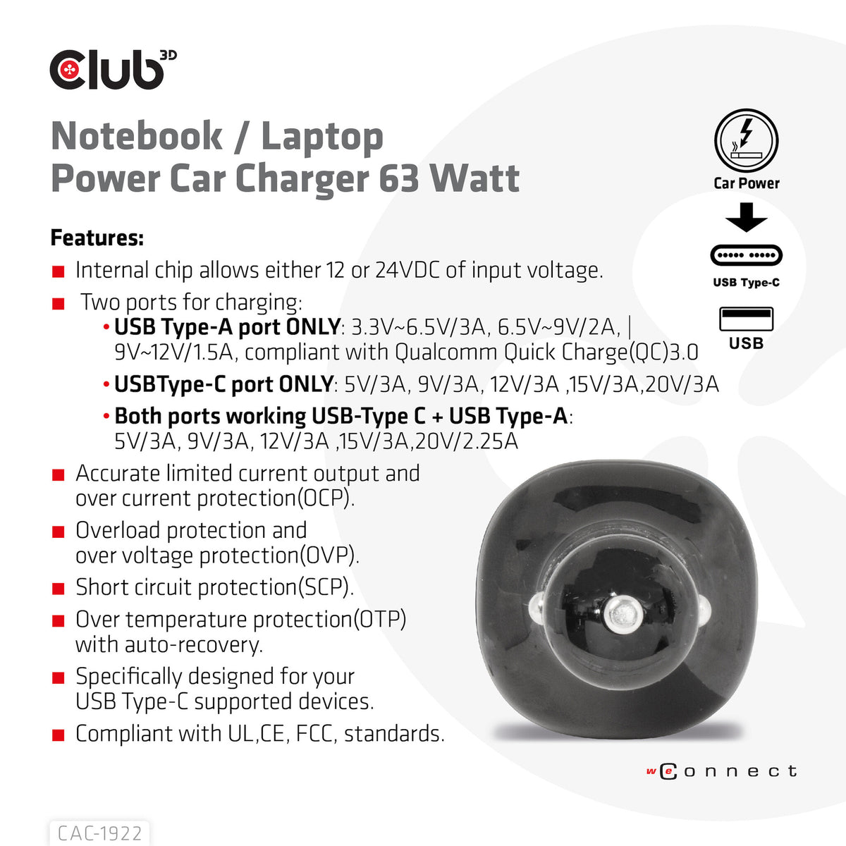 CLUB3D USB KFZ-Ladegerät 1xUSB C A 63W 12/24V retail
