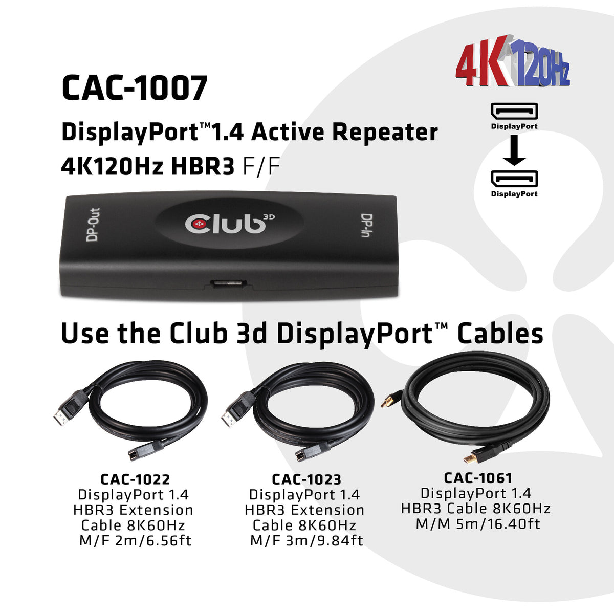 CLUB3D DP 1.4 4K120HZ HDR ACTIVE REPEATER F/F displayport Svart