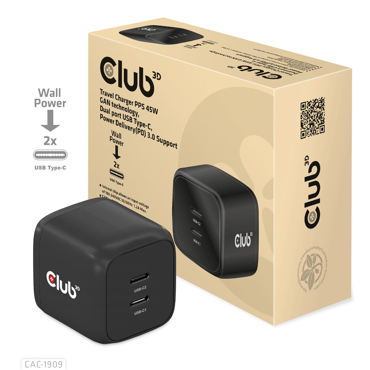 CLUB3D CAC-1909EU mobilladdare Mobiltelefon, Bärbar dator, Smartphone Svart AC inomhus