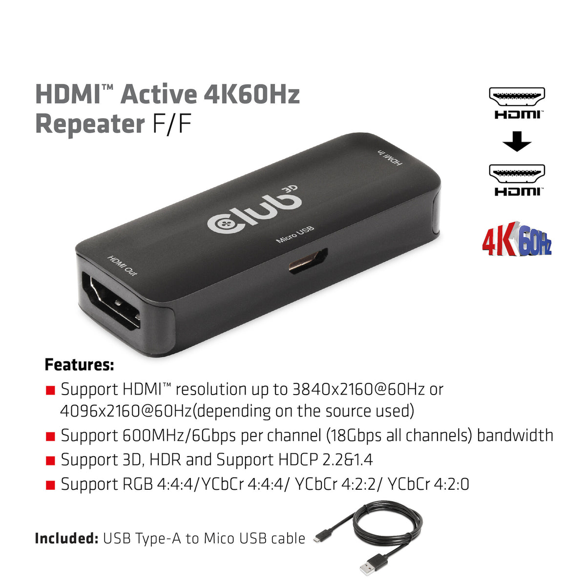 CLUB3D HDMI Active 4K60Hz Repeater F/F
