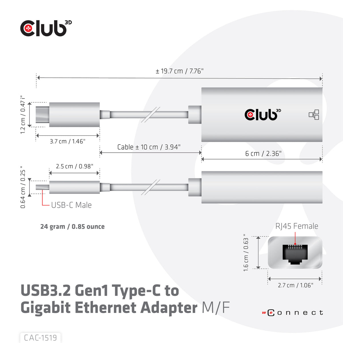 CLUB3D CAC-1519 kabelomvandlare (hane/hona) USB-C RJ-45 Vit