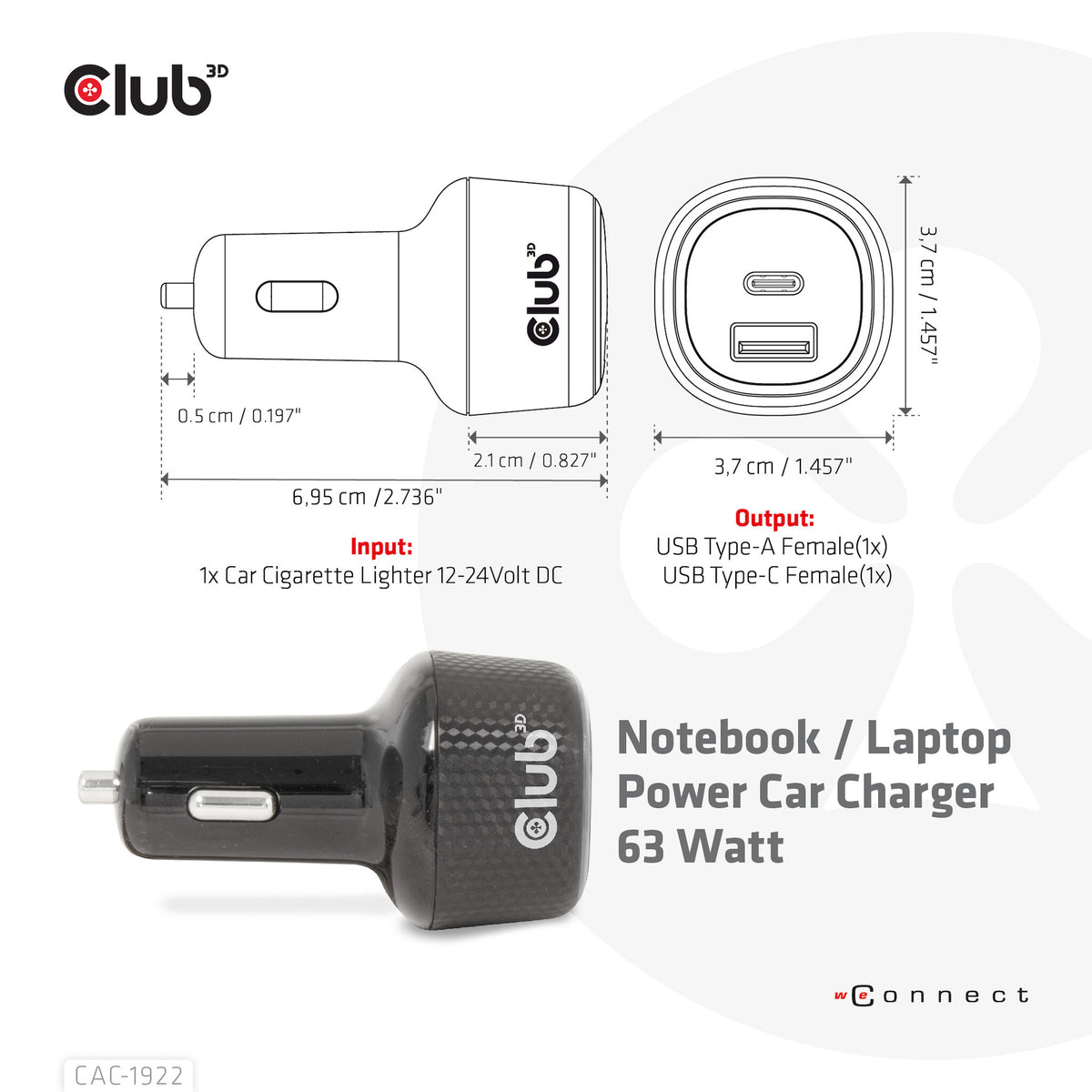 CLUB3D USB KFZ-Ladegerät 1xUSB C A 63W 12/24V retail