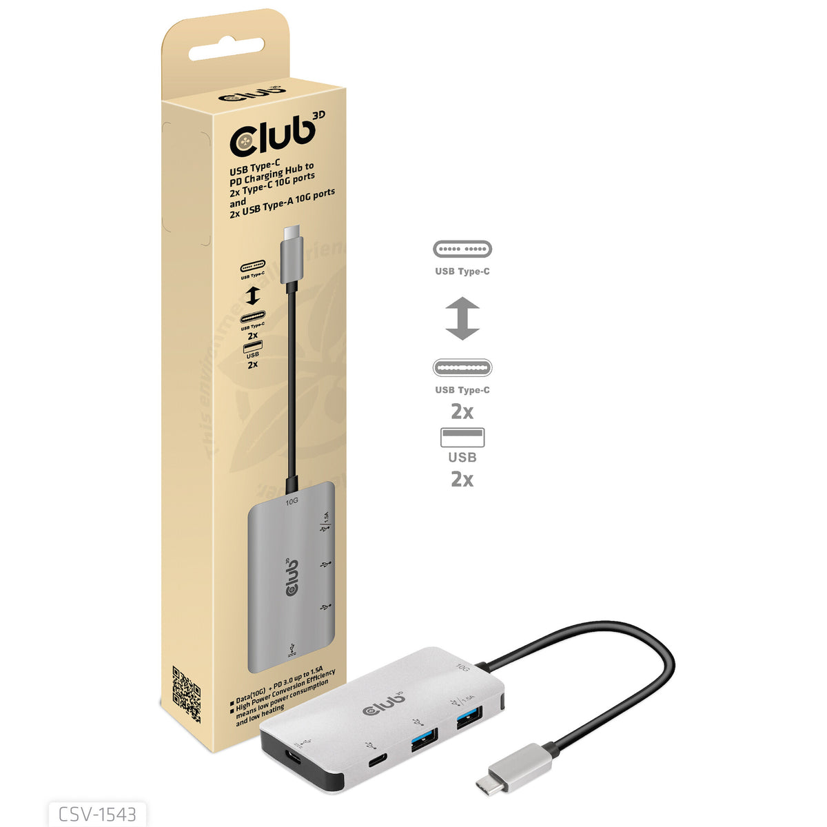 CLUB3D CSV-1543 dockningsstationer för bärbara datorer USB 3.2 Gen 2 (3.1 Gen 2) Type-C Svart, Silver