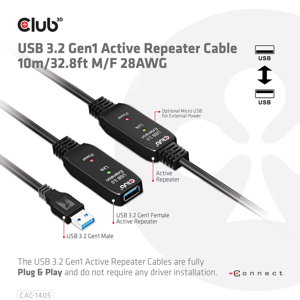 CLUB3D CAC-1405 USB-kablar 10 m USB 3.2 Gen 2 (3.1 Gen 2) USB A Svart