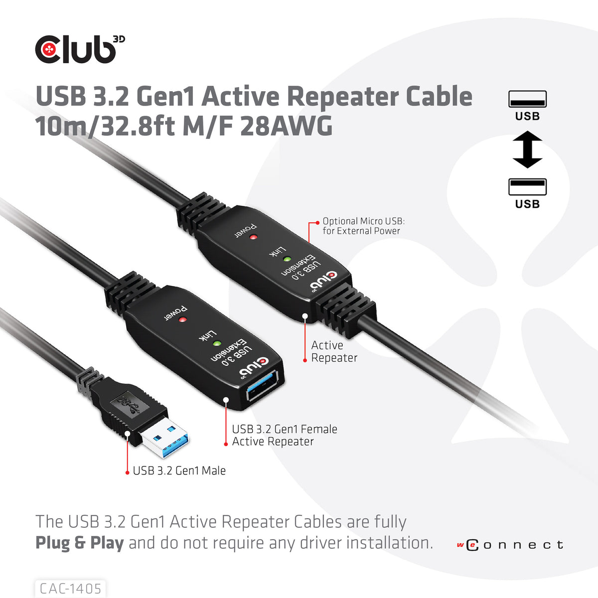 CLUB3D CAC-1405 USB-kablar 10 m USB 3.2 Gen 2 (3.1 Gen 2) USB A Svart
