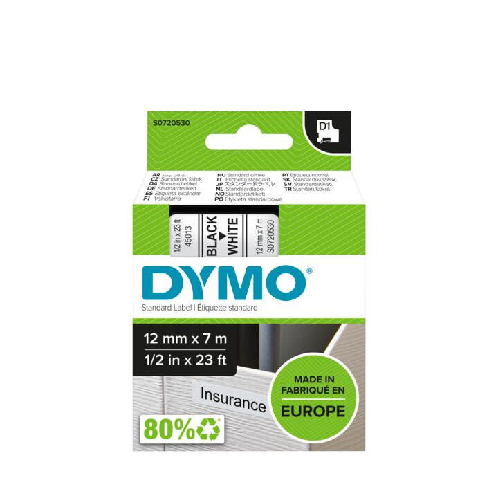 DYMO D1 - Standardpolyesteretiketter - Svart på vitt - 12mm x 7m