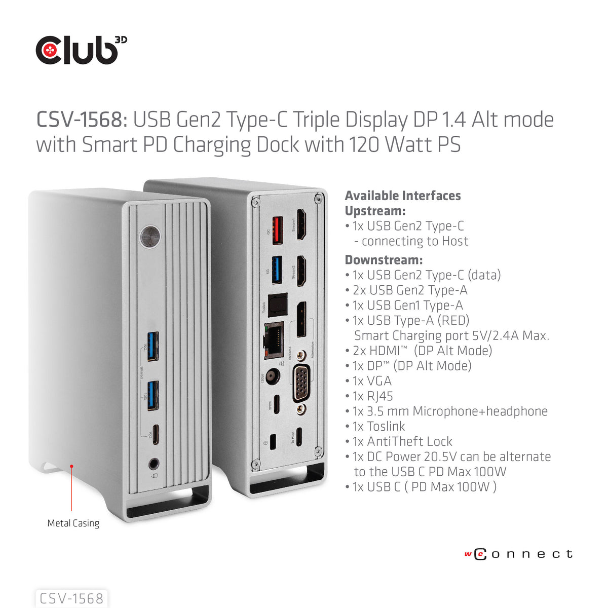 CLUB3D CSV-1568 dockningsstationer för bärbara datorer Dockning USB 3.2 Gen 2 (3.1 Gen 2) Type-C Metallisk
