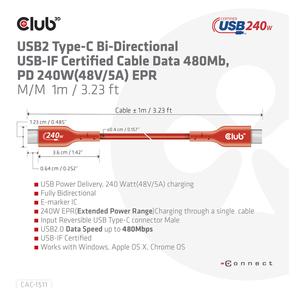 CLUB3D CAC-1515 USB-kablar 4 m USB 2.0 USB C Orange, Röd