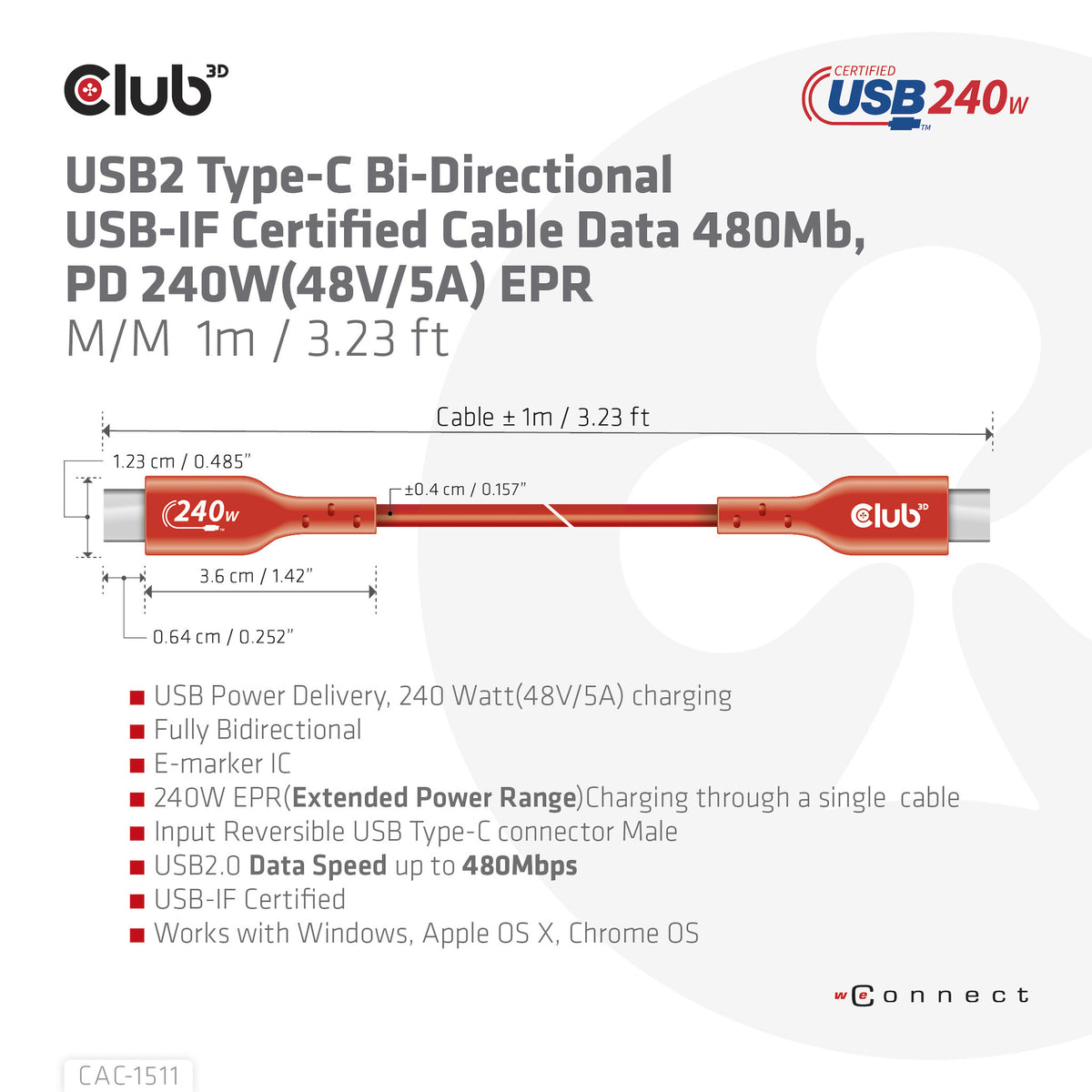 CLUB3D CAC-1515 USB-kablar 4 m USB 2.0 USB C Orange, Röd
