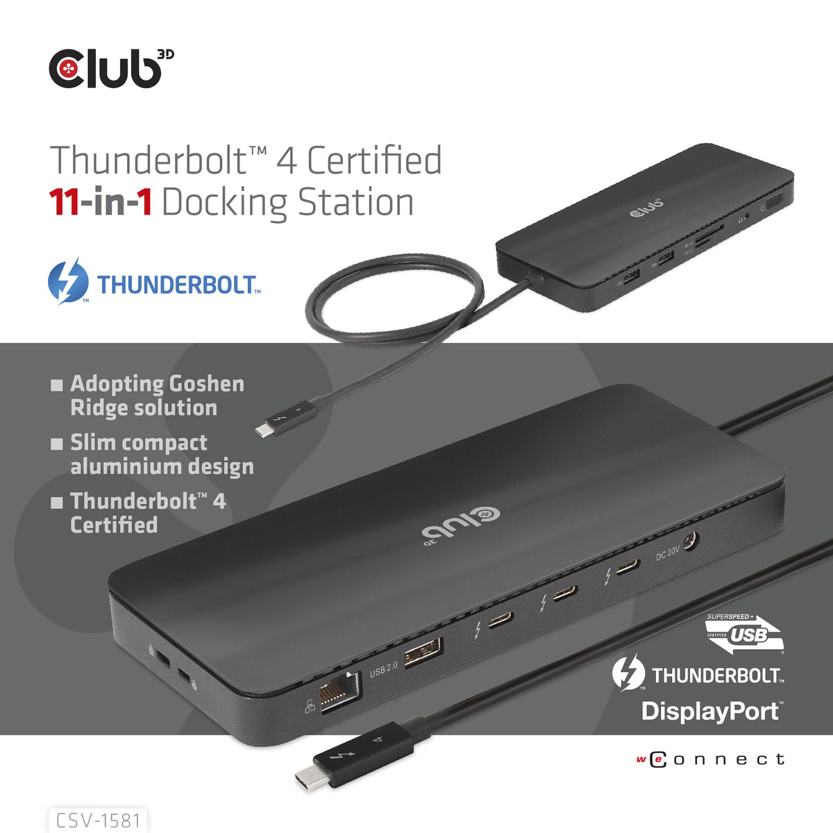 CLUB3D CSV-1581 dockningsstationer för bärbara datorer Dockning Thunderbolt 4 Svart