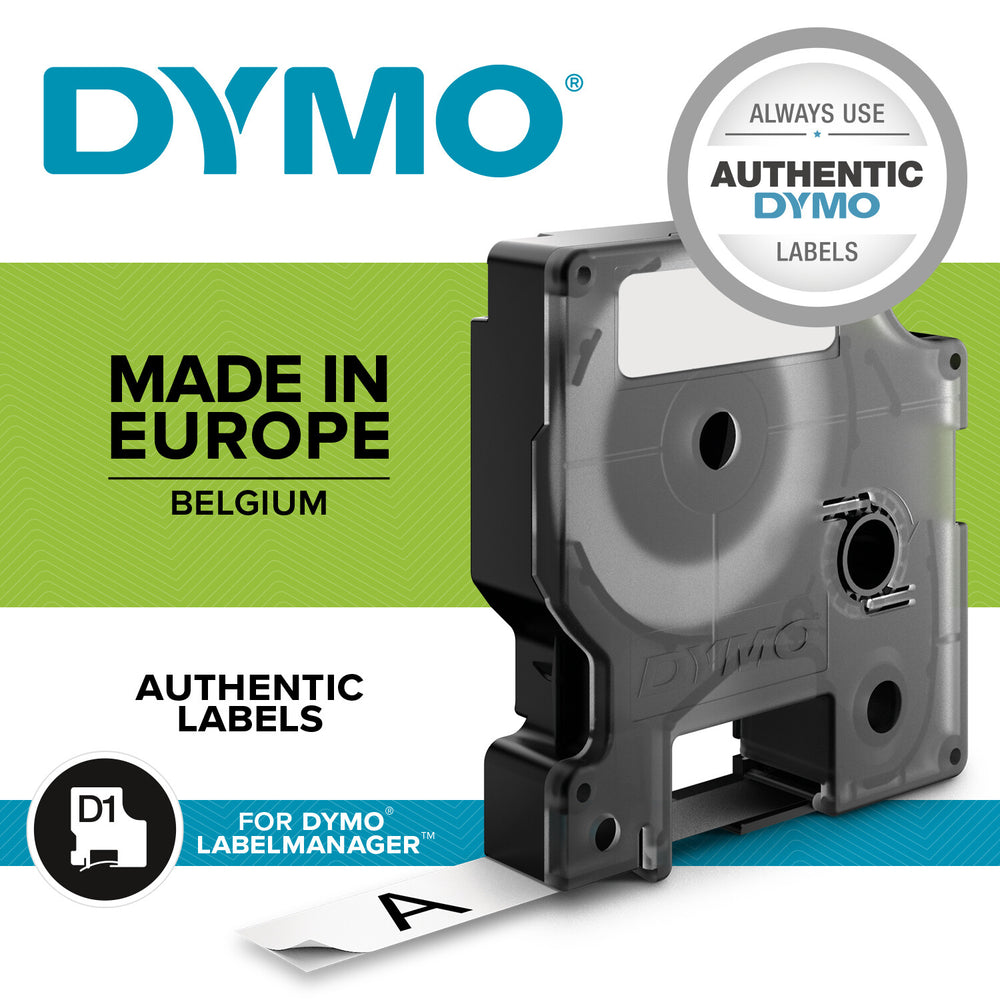 DYMO D1 - Standardpolyesteretiketter - Svart på vitt - 12mm x 7m