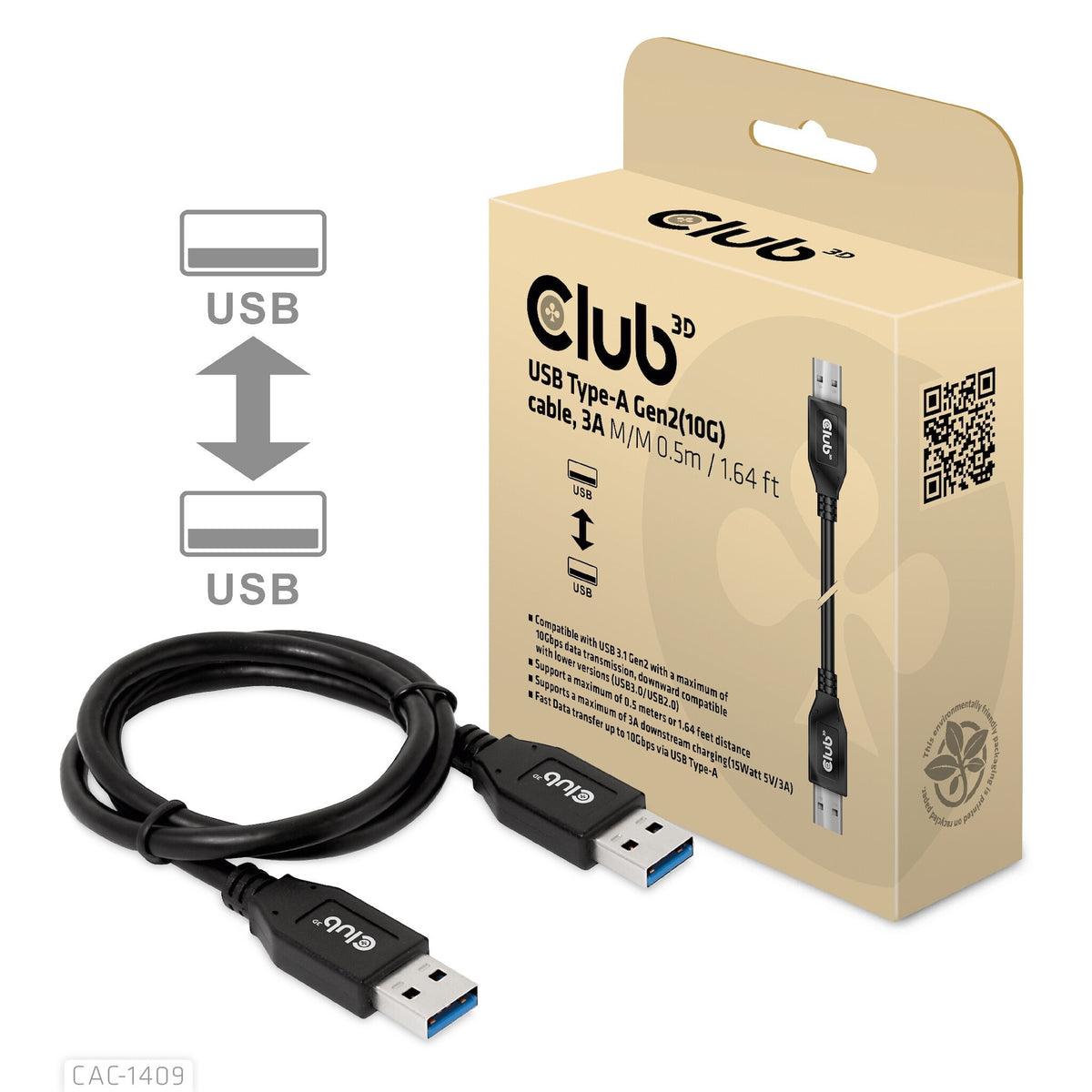CLUB3D CAC-1409 USB-kablar USB 3.2 Gen 2 (3.1 Gen 2) 0,5 m USB A Svart
